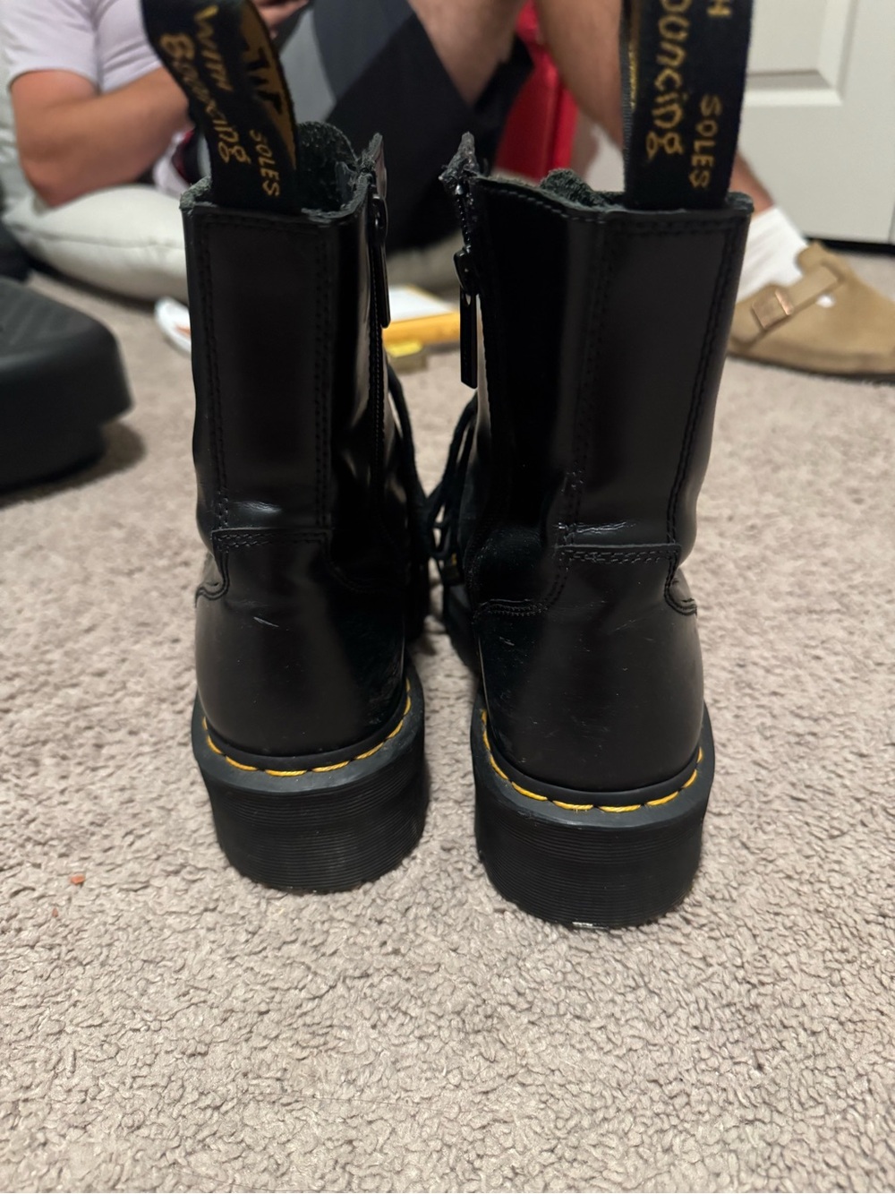 Dr. Martens Black Leather Platform Combat Boot with Yellow Stitching - Picture 4 of 5